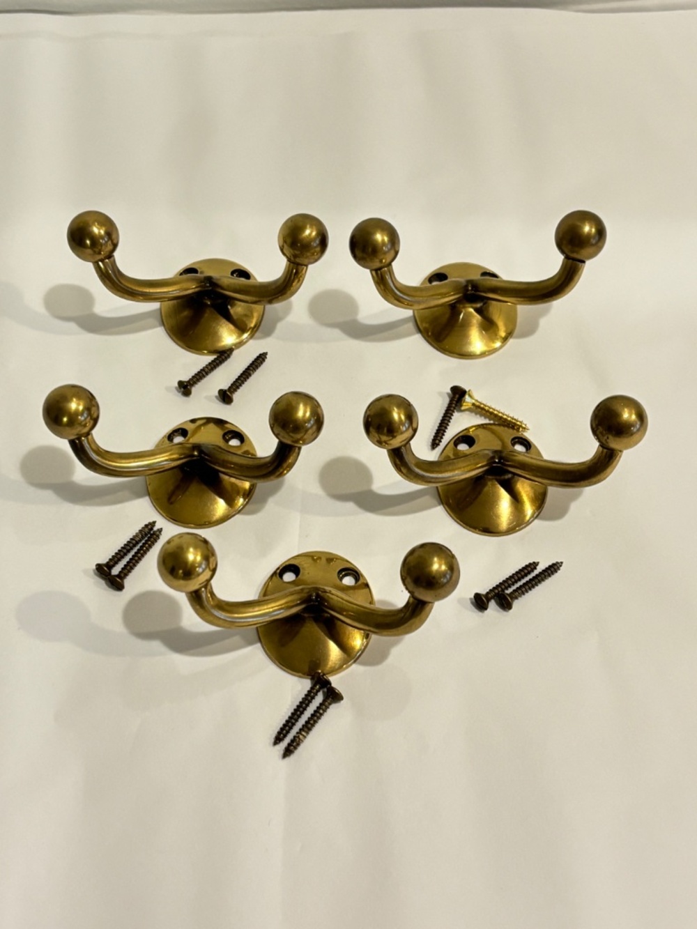 Polished brass traditional double coat and hat racks with ball tips SET OF FIVE
